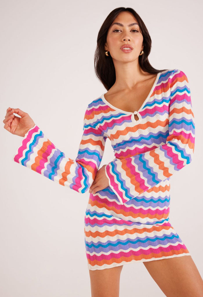 Minkpink Wilma Pointelle Knit Dress-Coral Stripe