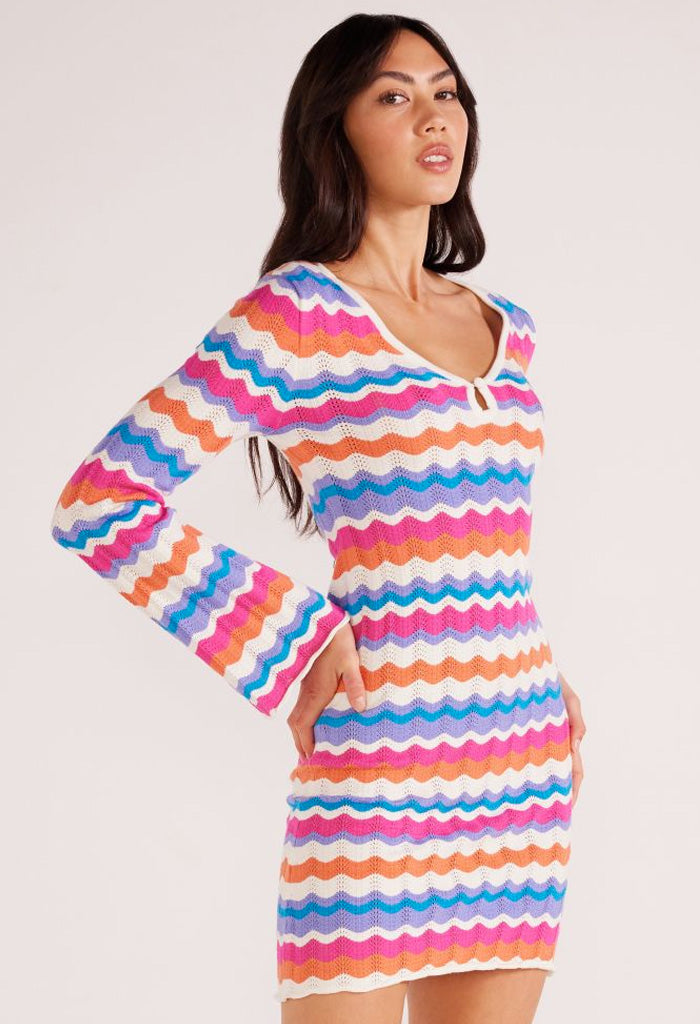 Minkpink Wilma Pointelle Knit Dress-Coral Stripe