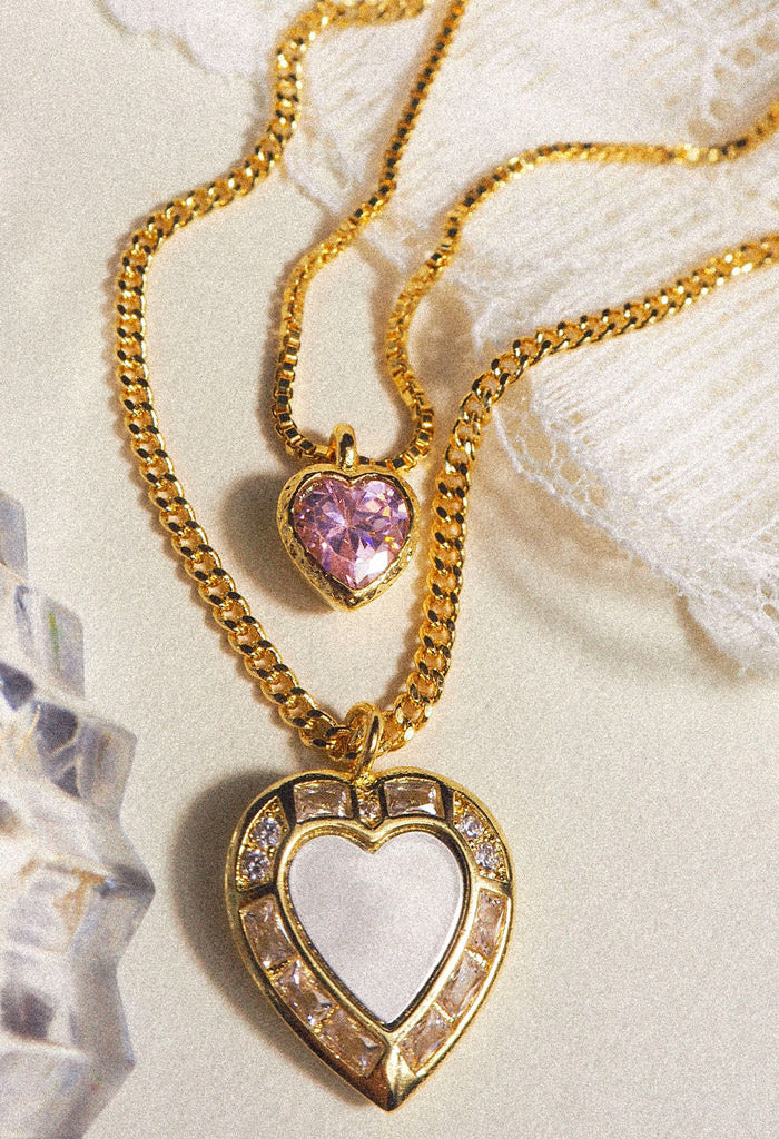 Luv AJ Double Heart Charm Necklace-Pink