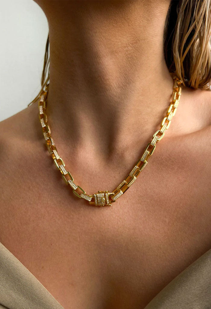 Luv AJ Boxy Pave Chain Necklace-Gold