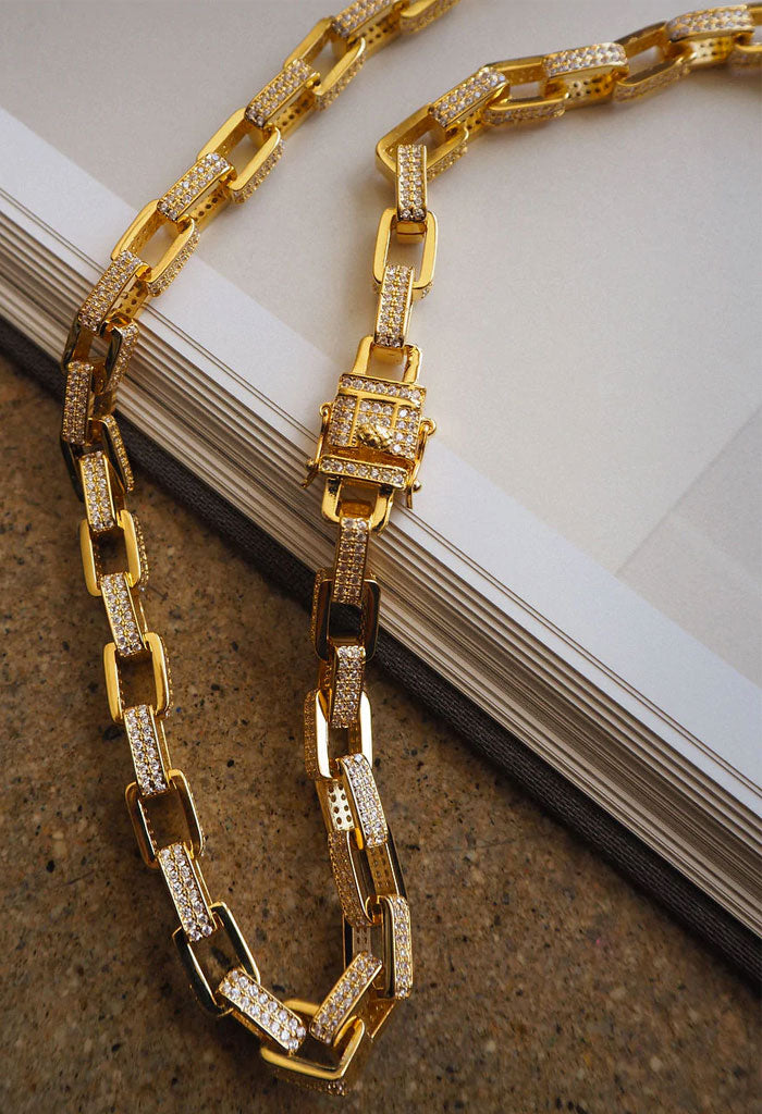 Luv AJ Boxy Pave Chain Necklace-Gold