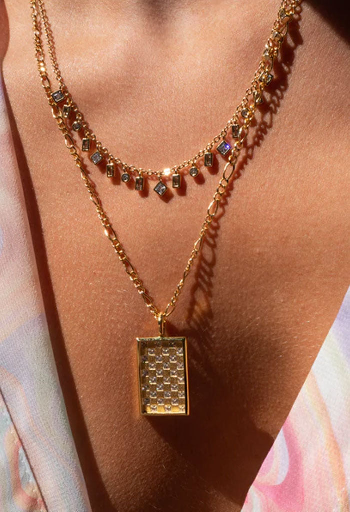 Luv AJ Checkerboard Dog Tag Necklace-Gold